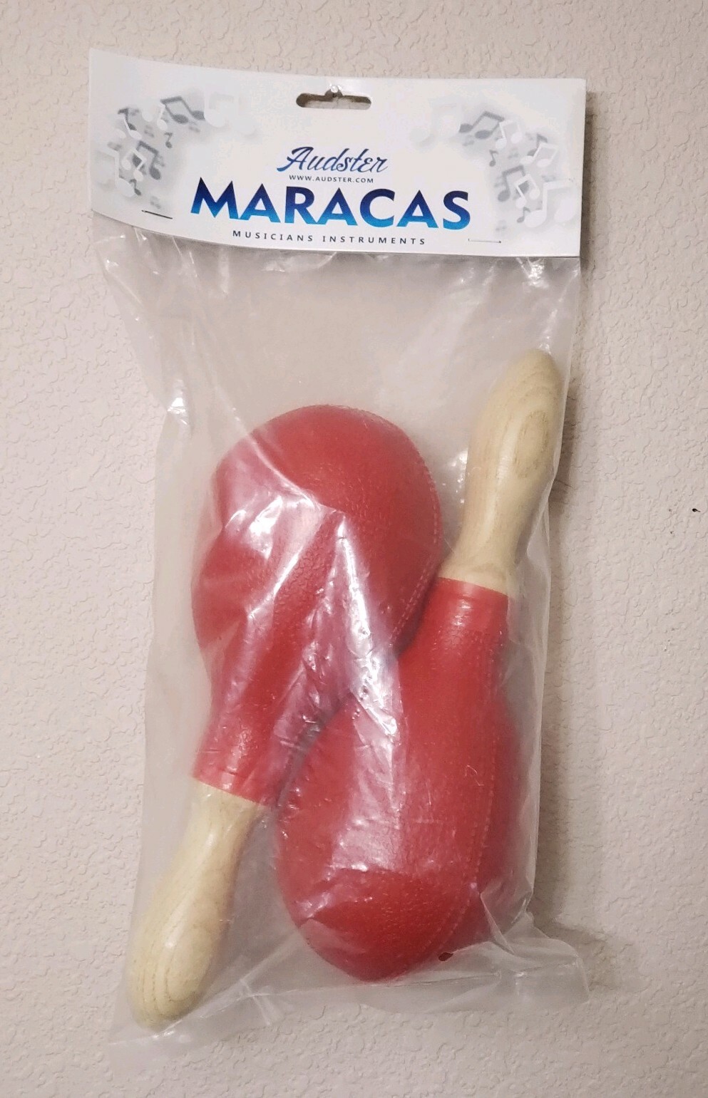 ■NEW■ Pair of 9.25" Long  Red Tough Plastic AUDSTER MARACAS with Wood Handles