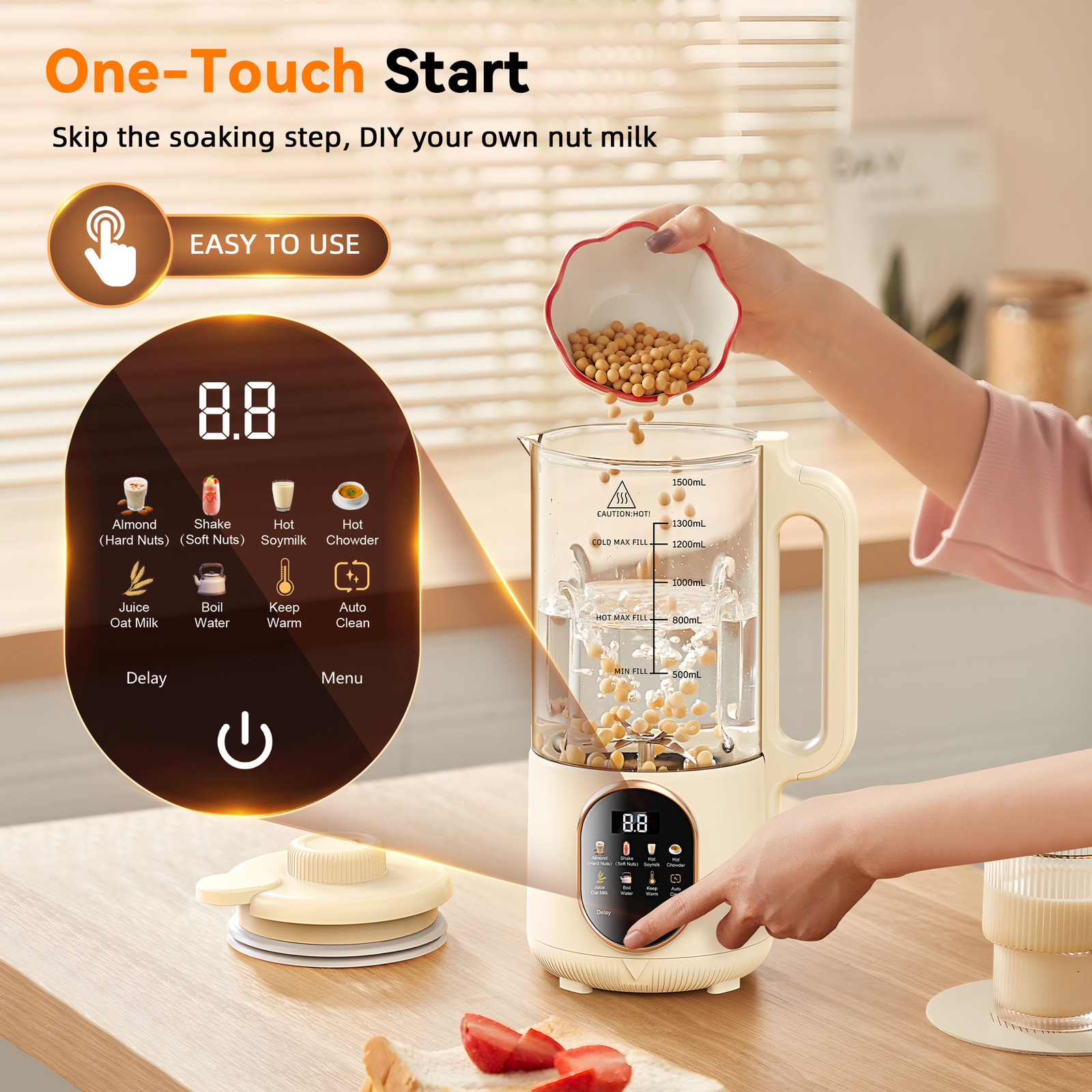 50oz Automatic Nut Milk Maker, with Delay Start, Keep Warm, Boil Water (1500ML)