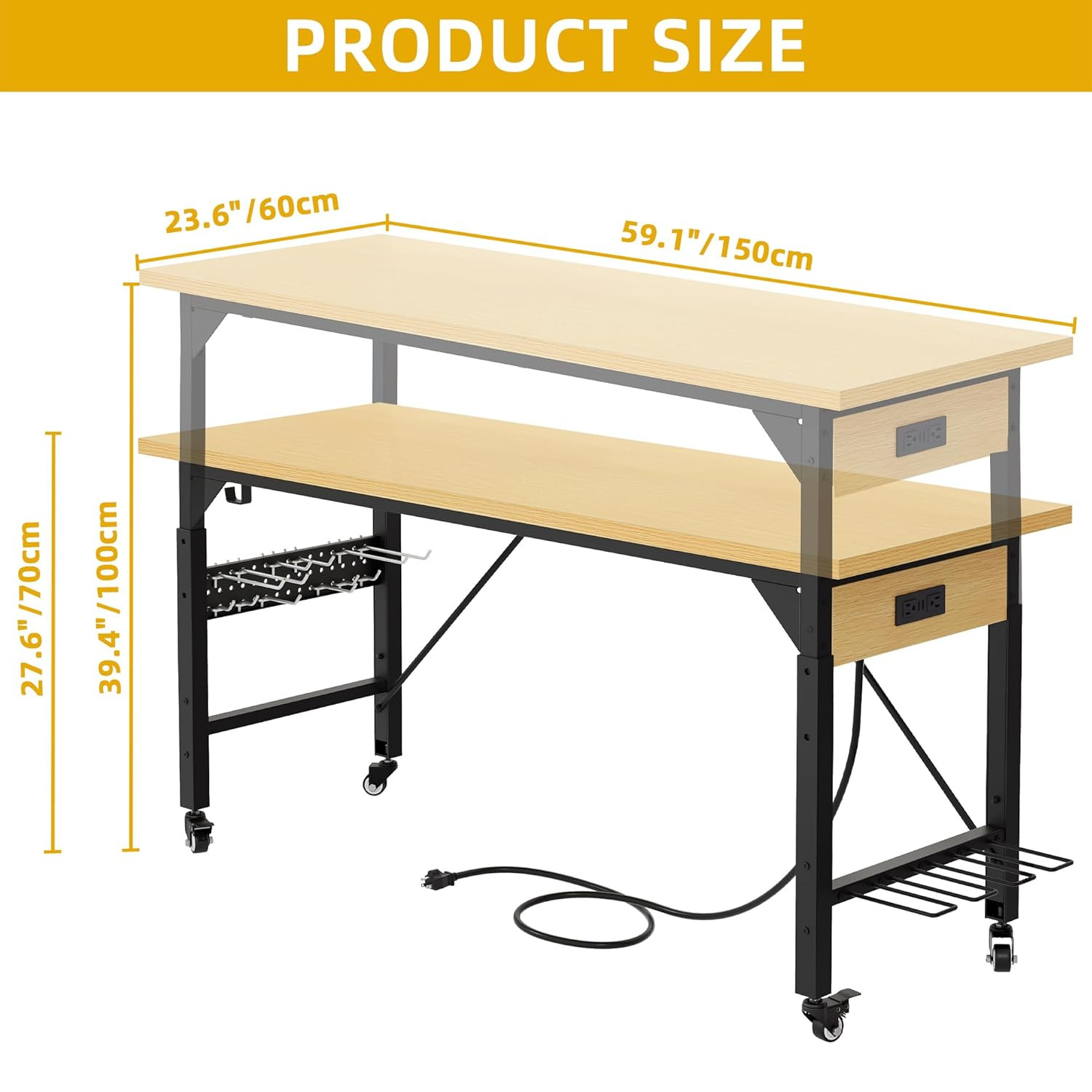 60" Adjustable Workbench on Wheels, Garage Tool Work Bench with Outlets & Wheels