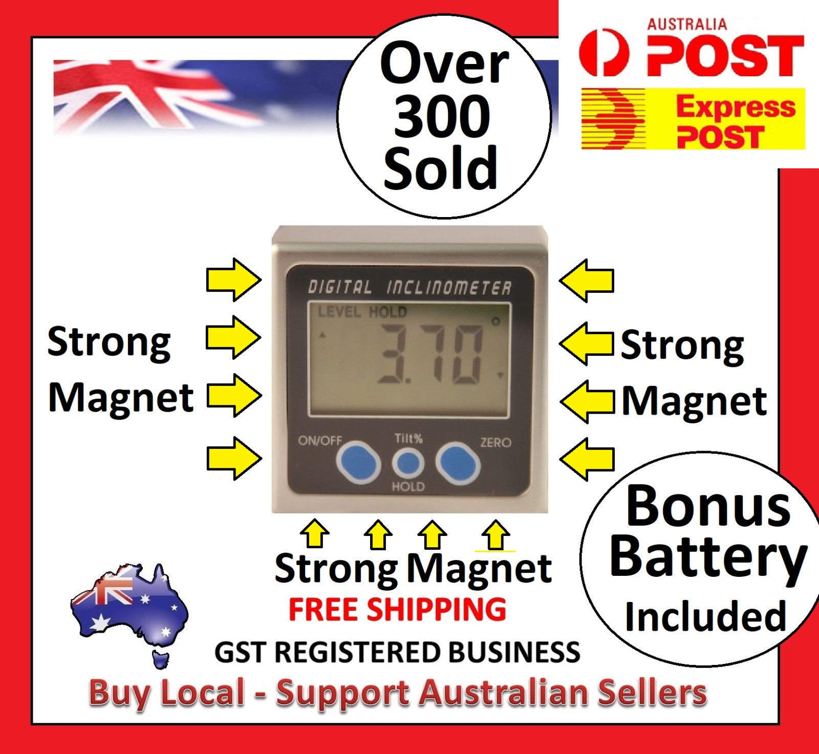 3 x Sided Magnet Digital Box Gauge Angle Protractor Level Inclinometer 0-360°