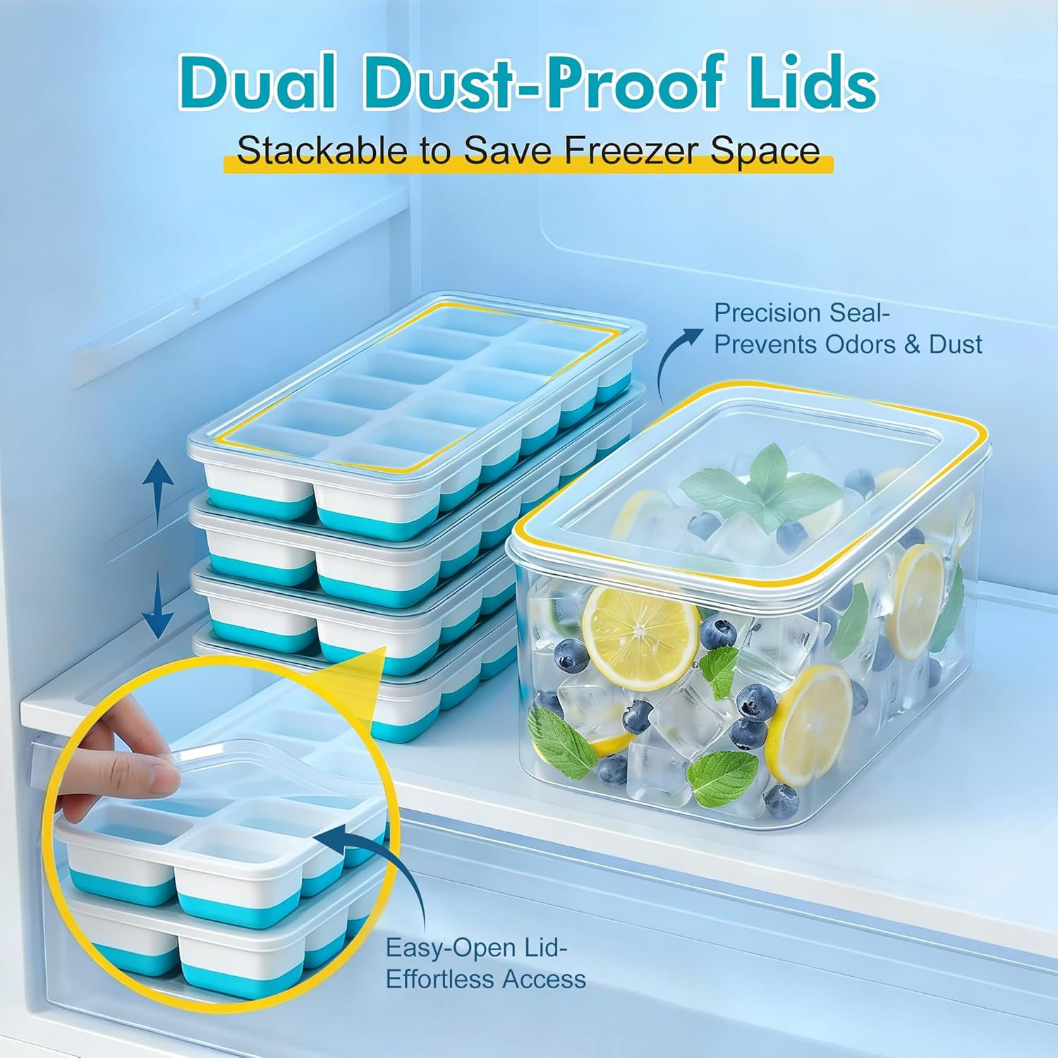 Ice Cube Tray with Lid & Bin - 4 Pack 48 Cubes Stackable Silicone FREE SHIPPING