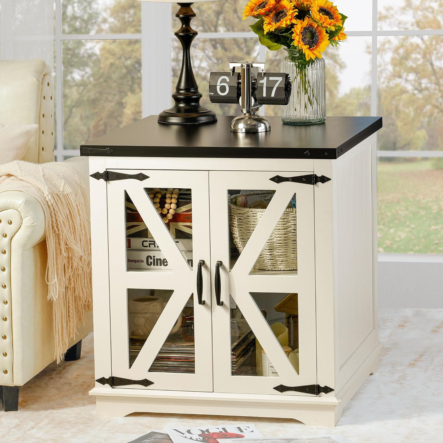 Farmhouse End Table, 24" Large End Tables with Storage, Rustic Square Sofa besid