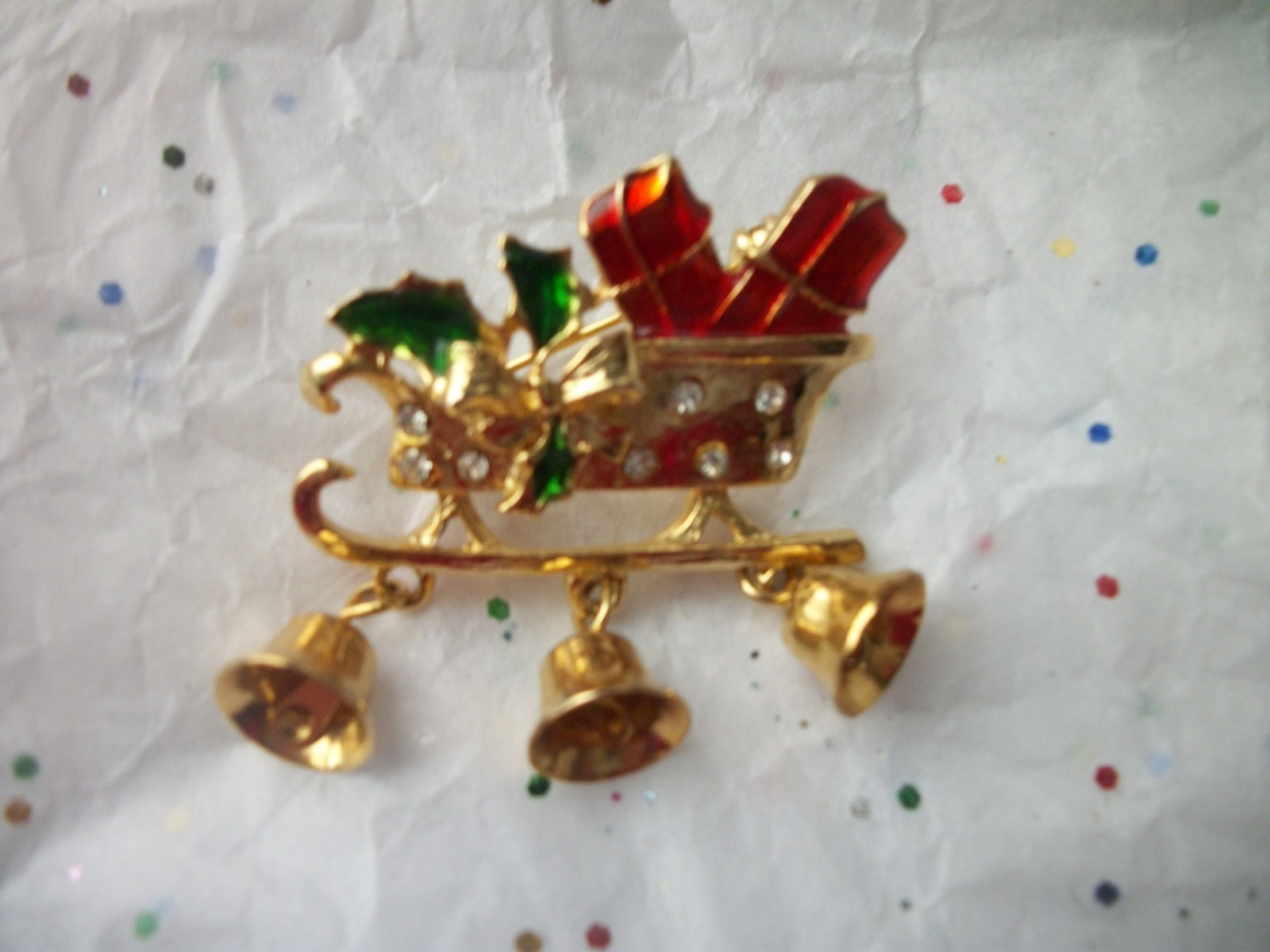 Sleigh Presents Dangling Bells Rhinestones Christmas Pin 1 1/2 inch Jewelry