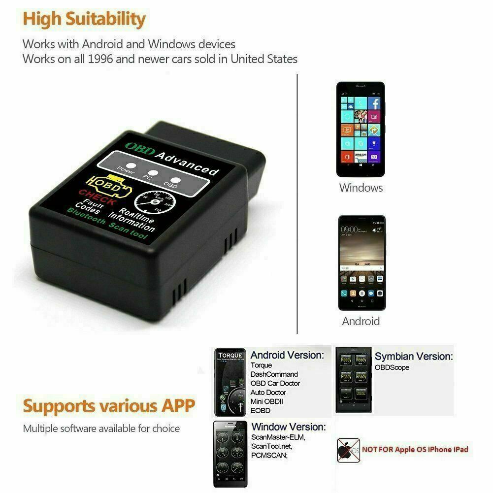 100% Bluetooth OBD2 Scanner Adapter, Wireless Detection Code Reader OBD II