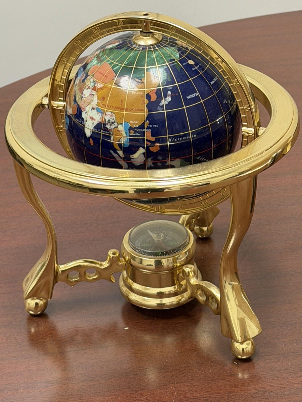 10" Tall Blue Lapis Ocean Table Top Gemstone World Globe with Gold Tripod