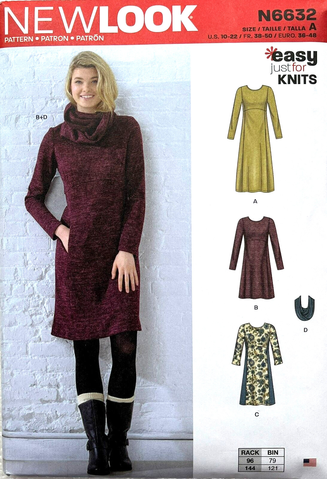 New Look N6632  Misses Knit Dresses Just for Knits  Easy  Sizes: 10 - 22