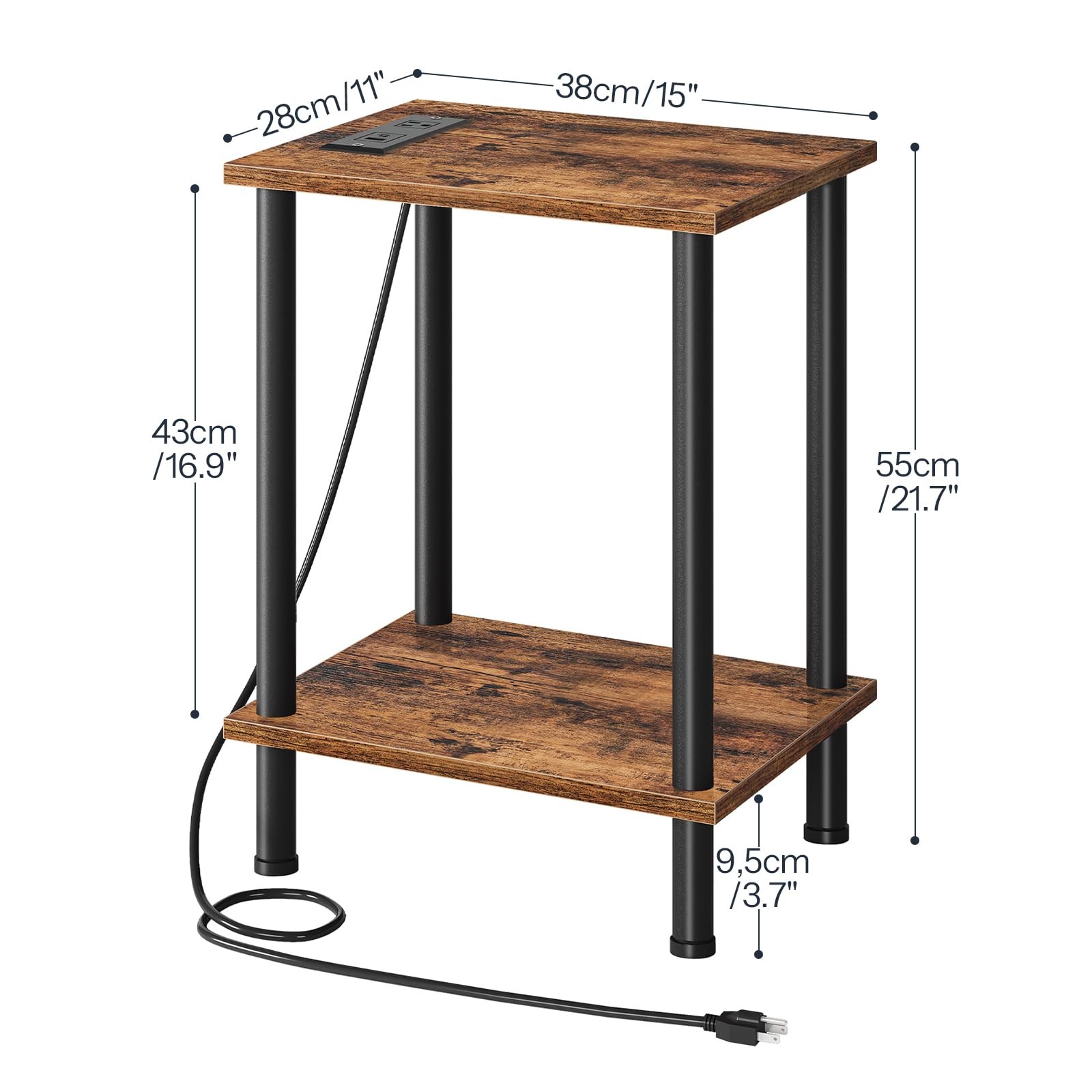 Side End Table Charging Station USB Outlet Nightstand Rustic Brown BF09UBZ01