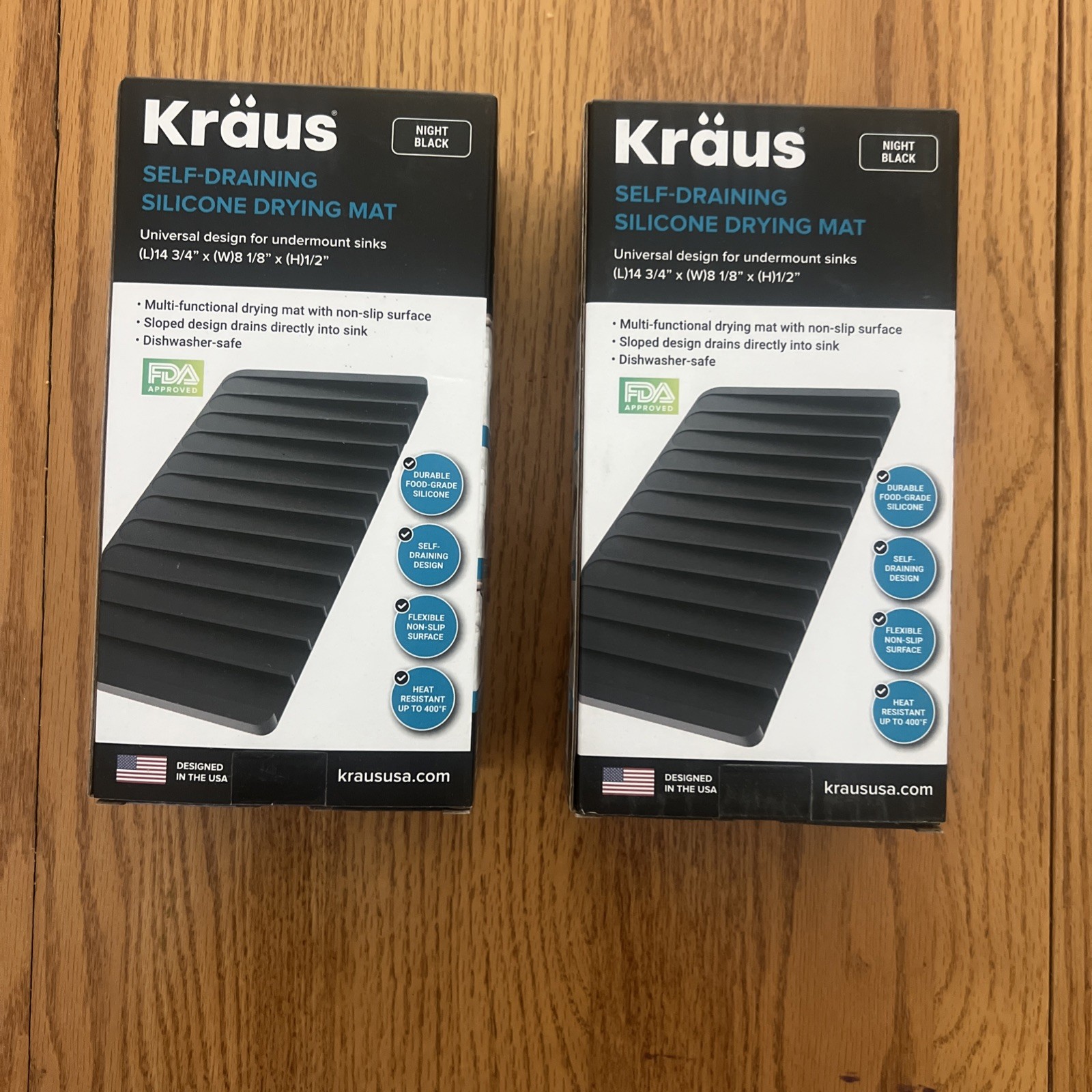 KRAUS Self-Draining Silicone Dish Drying Mat Kitchen Counter Black NEW. Set Of 2