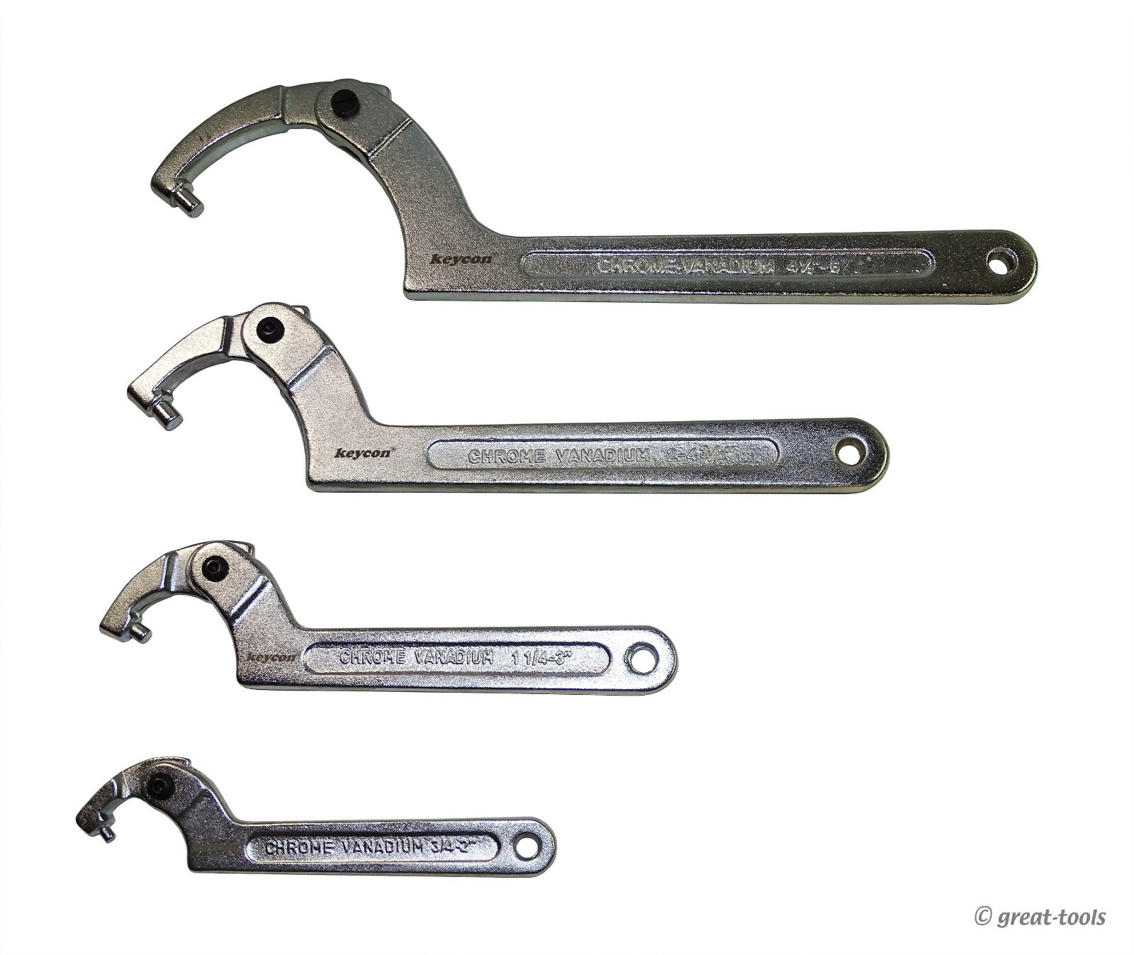 PIN SPANNER WRENCH SET – 4-pc – 3/4” to 6-3/4” range – adjustable wrenches tools