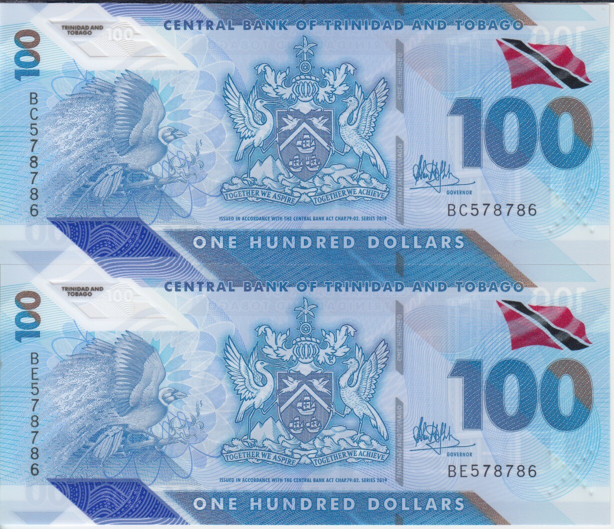 TRINIDAD & TOBAGO P.NEW 100 DOLLARS 2019 POLYMER PAIR WITH SAME NUMBERS UNC