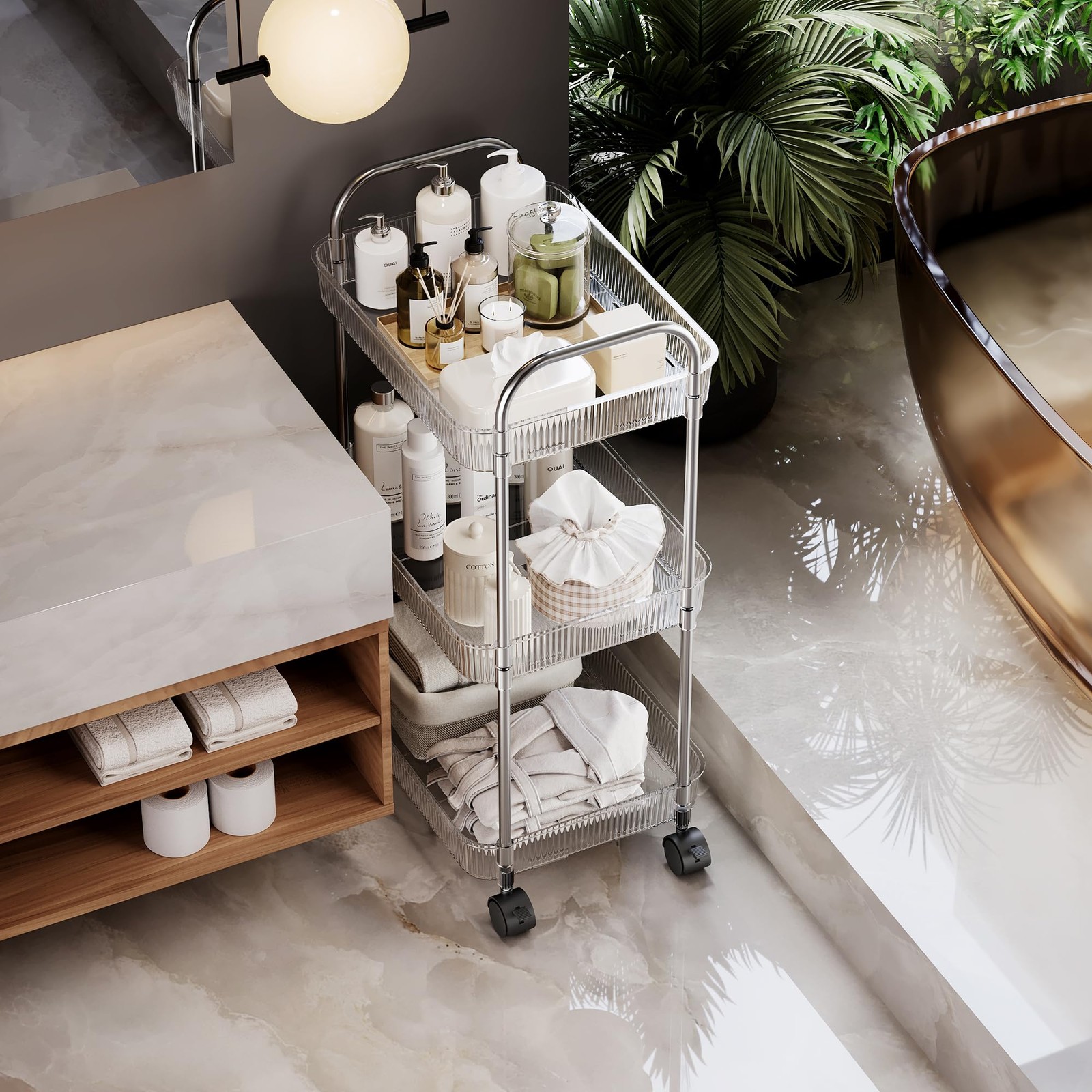 3 Tier Rolling Cart with Lockable Wheels, Clear Acrylic Utility Trolley with ...