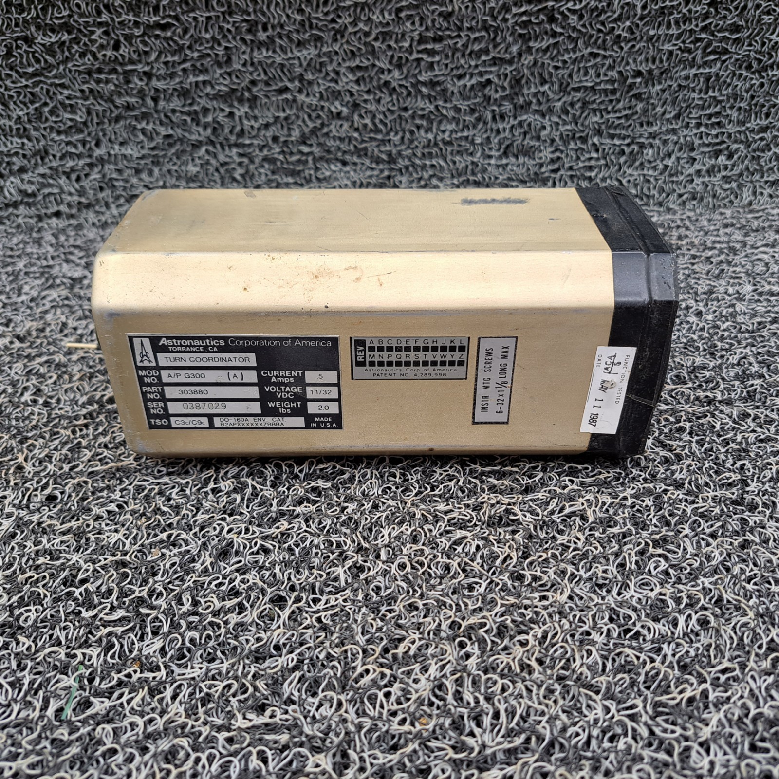 Astronautics Turn Coordinator Model A/P G300, PN: 303880
