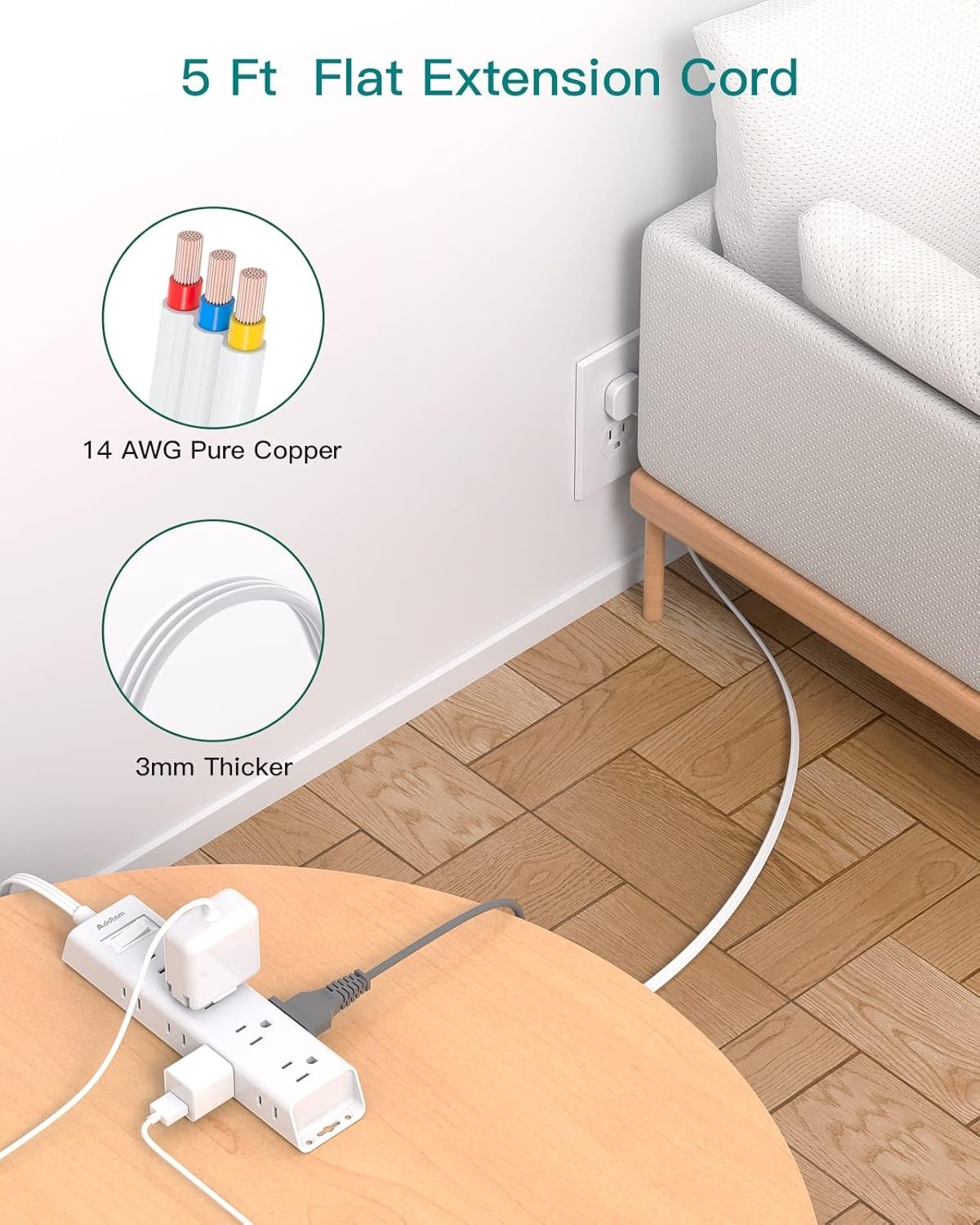 Compact 12-Outlet Flat Plug Power Strip, Wall Mountable with 3 USB Ports