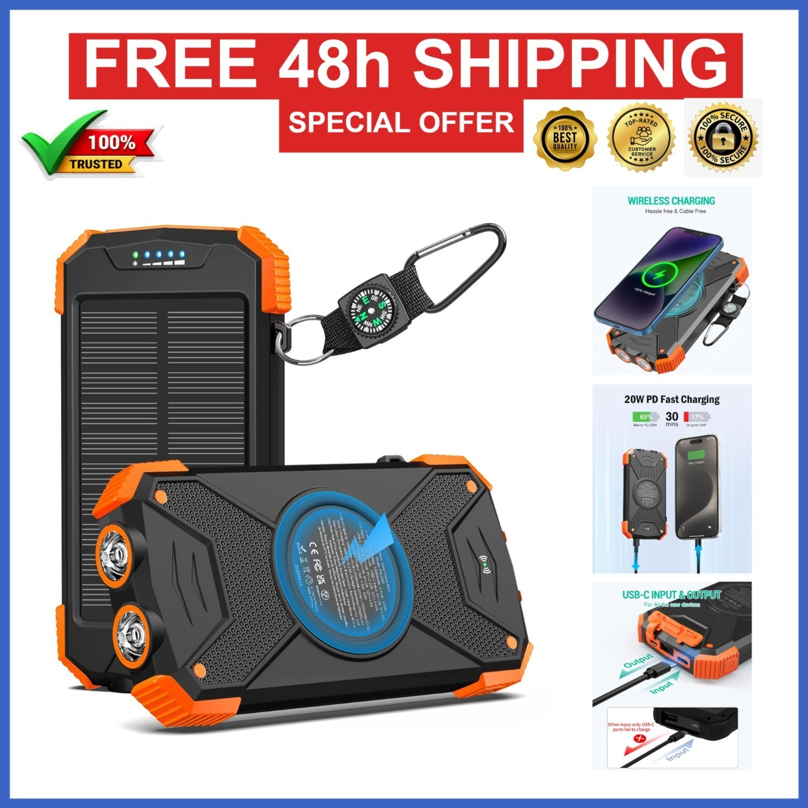 BLAVOR Solar Power Bank 10,000mAh - Portable Wireless Charger