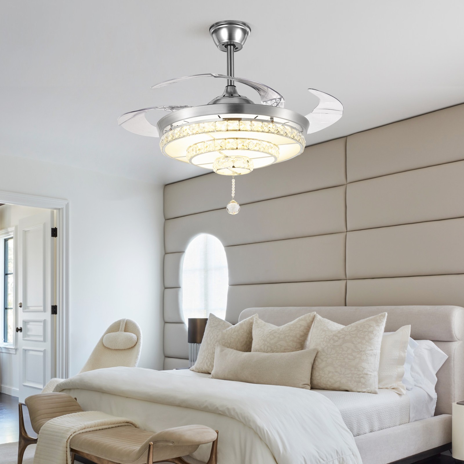 42" Ceiling Fan Invisible Blades Crystal Chandelier Lamp Ceiling Light w/ Remote