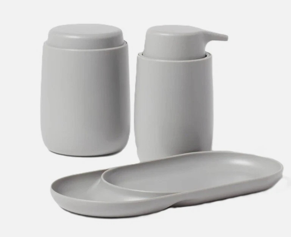 Room Essentials Gray Bath Accessory 3 Pc Melamine Set Pump & Canister & Tray