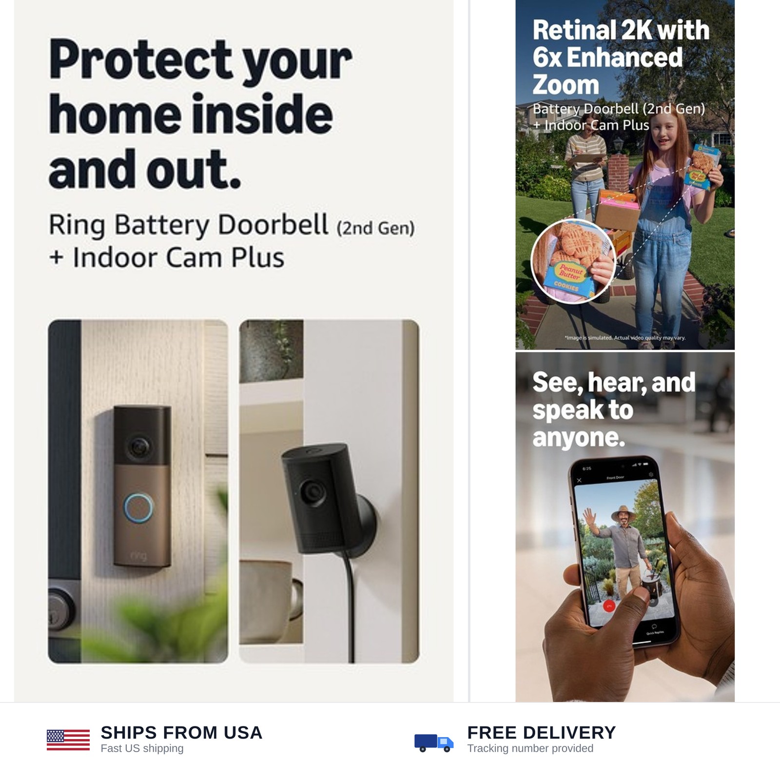 Ring Battery Doorbell (newest model), Matte Mocha with Indoor Cam Plus, Black