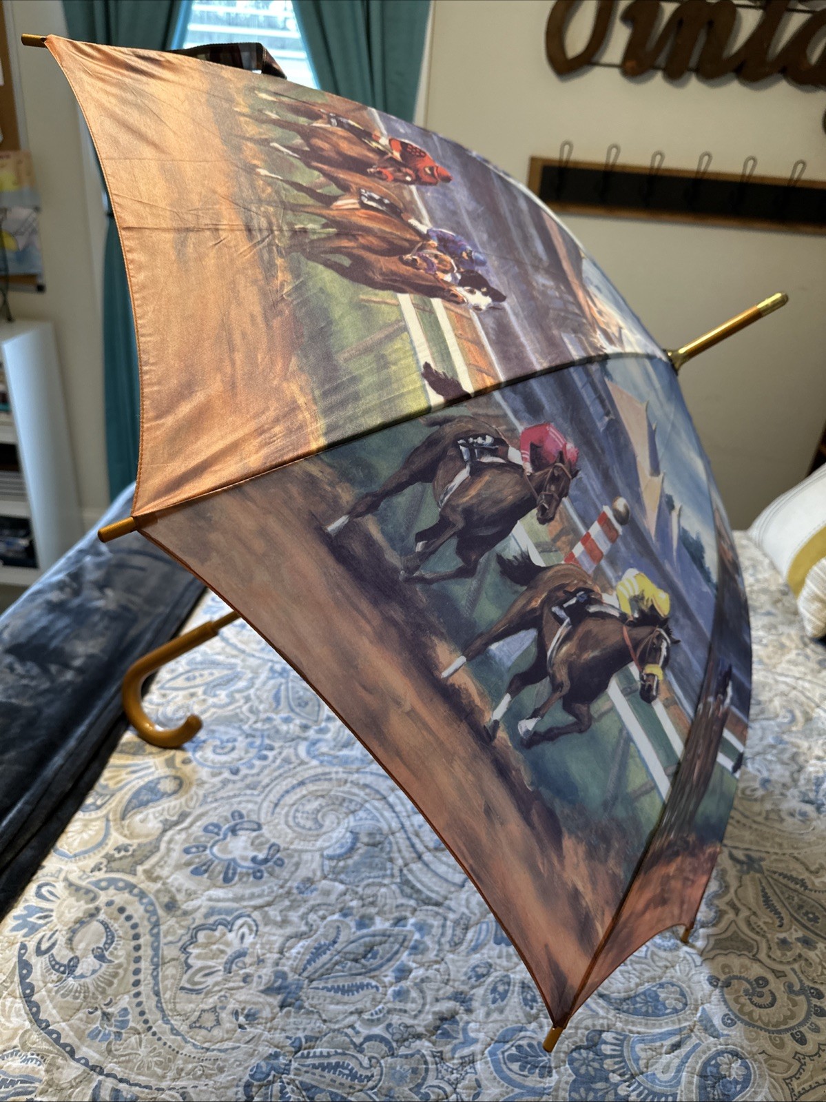 "Under Starters Orders" Artwork on Wooden Handle Umbrella - Horse Racing