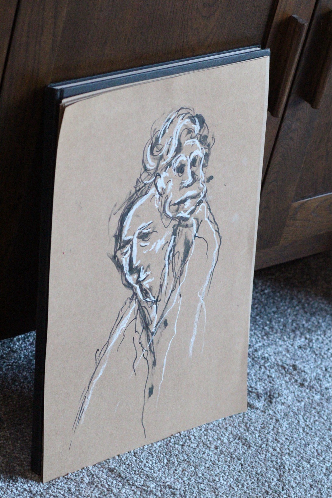 Twins Original Expressive Portrait Drawing In Charcoal And Chalk On Brown Paper