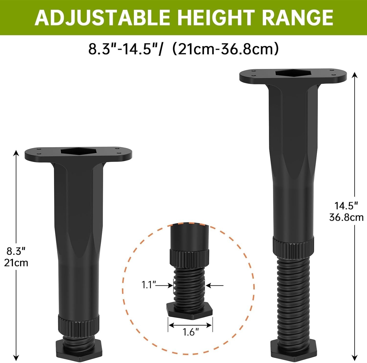 Durable Non-Scratch Plastic Bed Support Legs, Adjustable 8.3-14.5 Inches