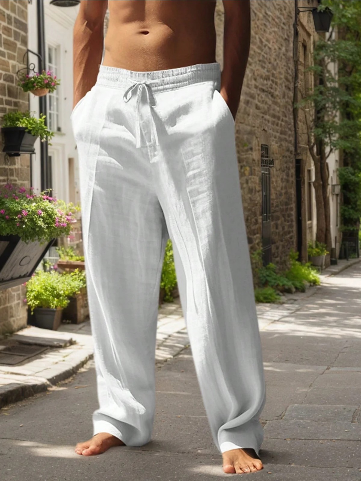 Mens Cotton Linen Pants with Casual Drawstring Beach Yoga Baggy Long Trousers