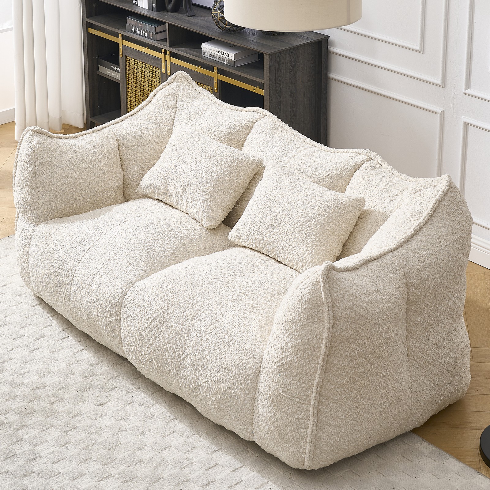 Chenille Bean Bag Chair Sofa for Two, Foam Core, Beige, 73.2" L