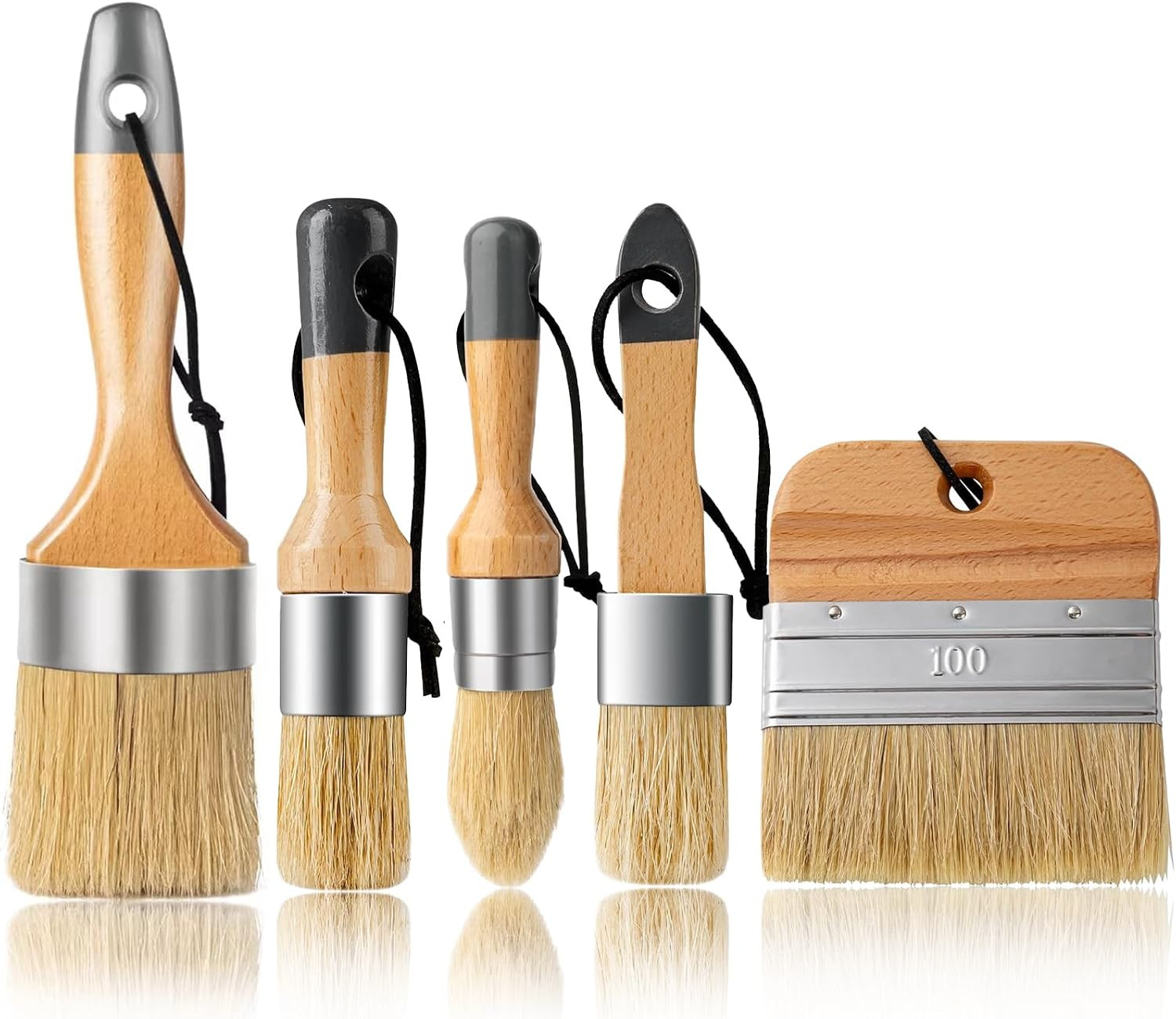 5 Pack Natural Bristle Chalk Wax Brush, Brushes for Furniture | Wooden Handles,