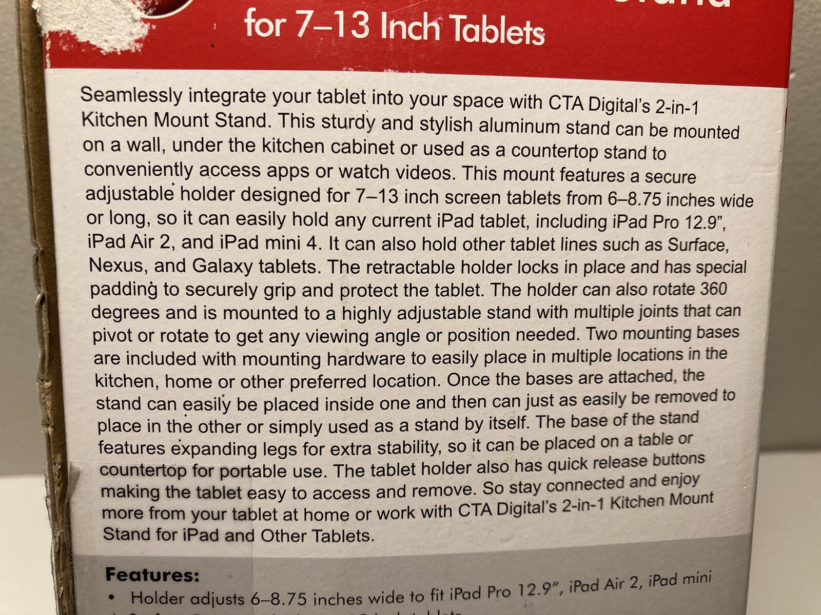 CTA Digital 2-in-1 Kitchen Mount Stand iPad / Tablets - 7-13" Screen
