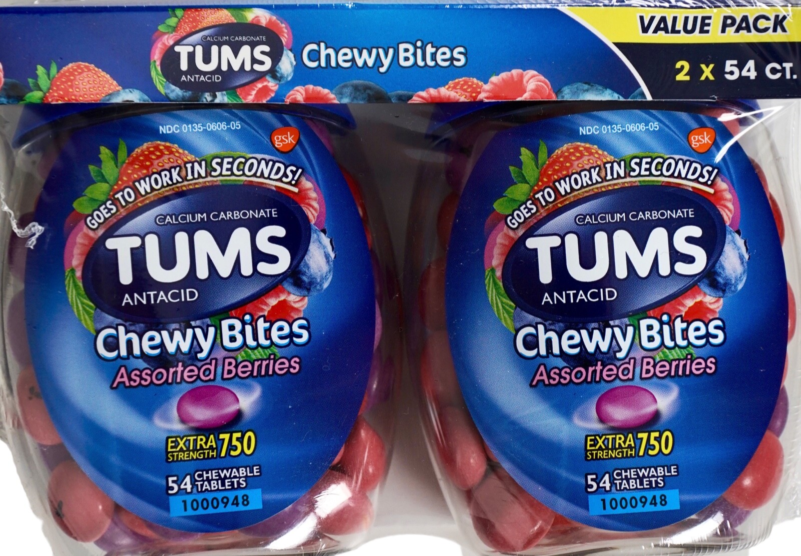 Tums Chewy Bites Antacid Extra-Strength 750 Assorted Berries, 108 Tablets