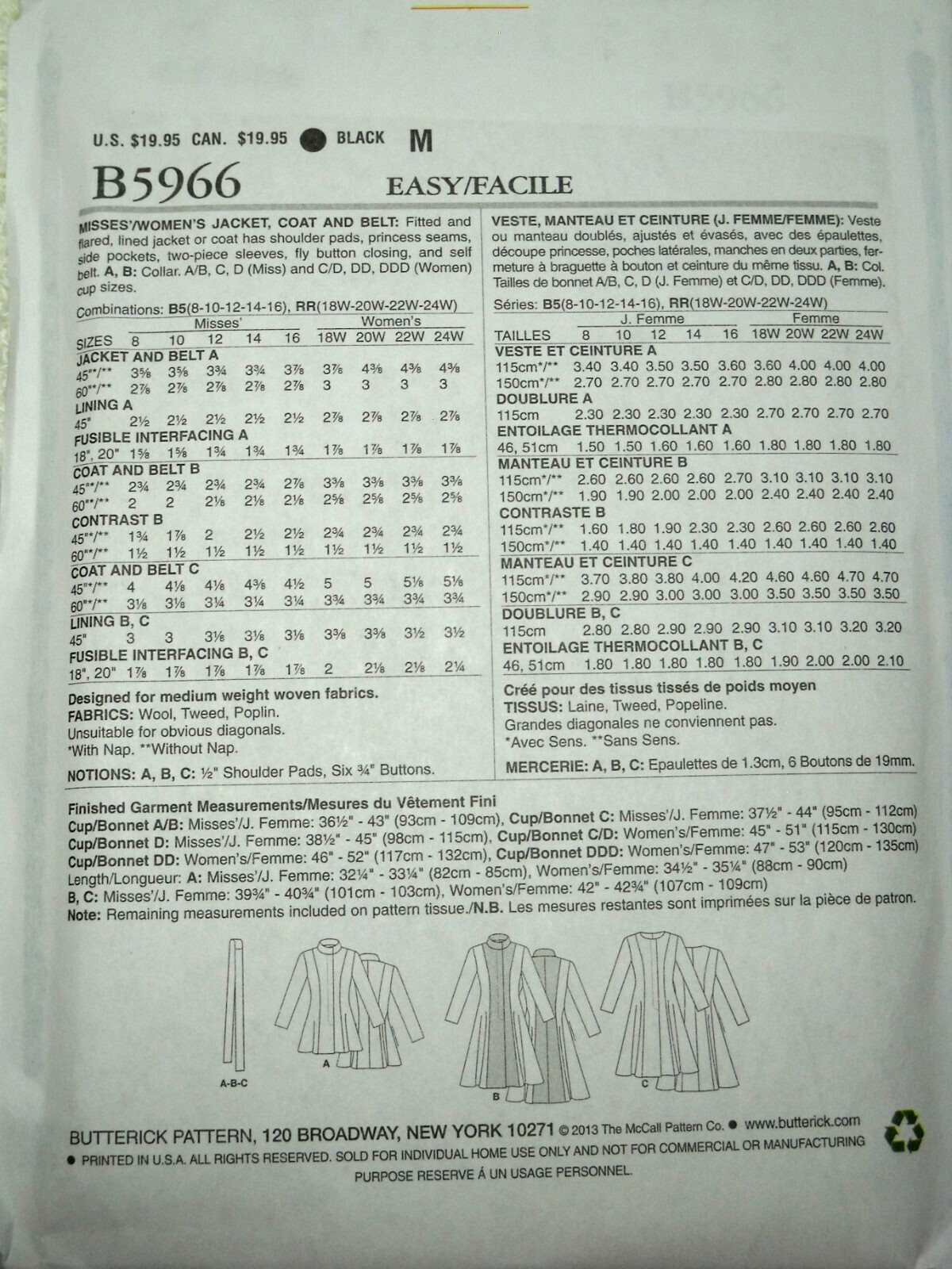 Butterick 5966 Coat Jacket Belt Misses Size 8-16 Sewing Pattern