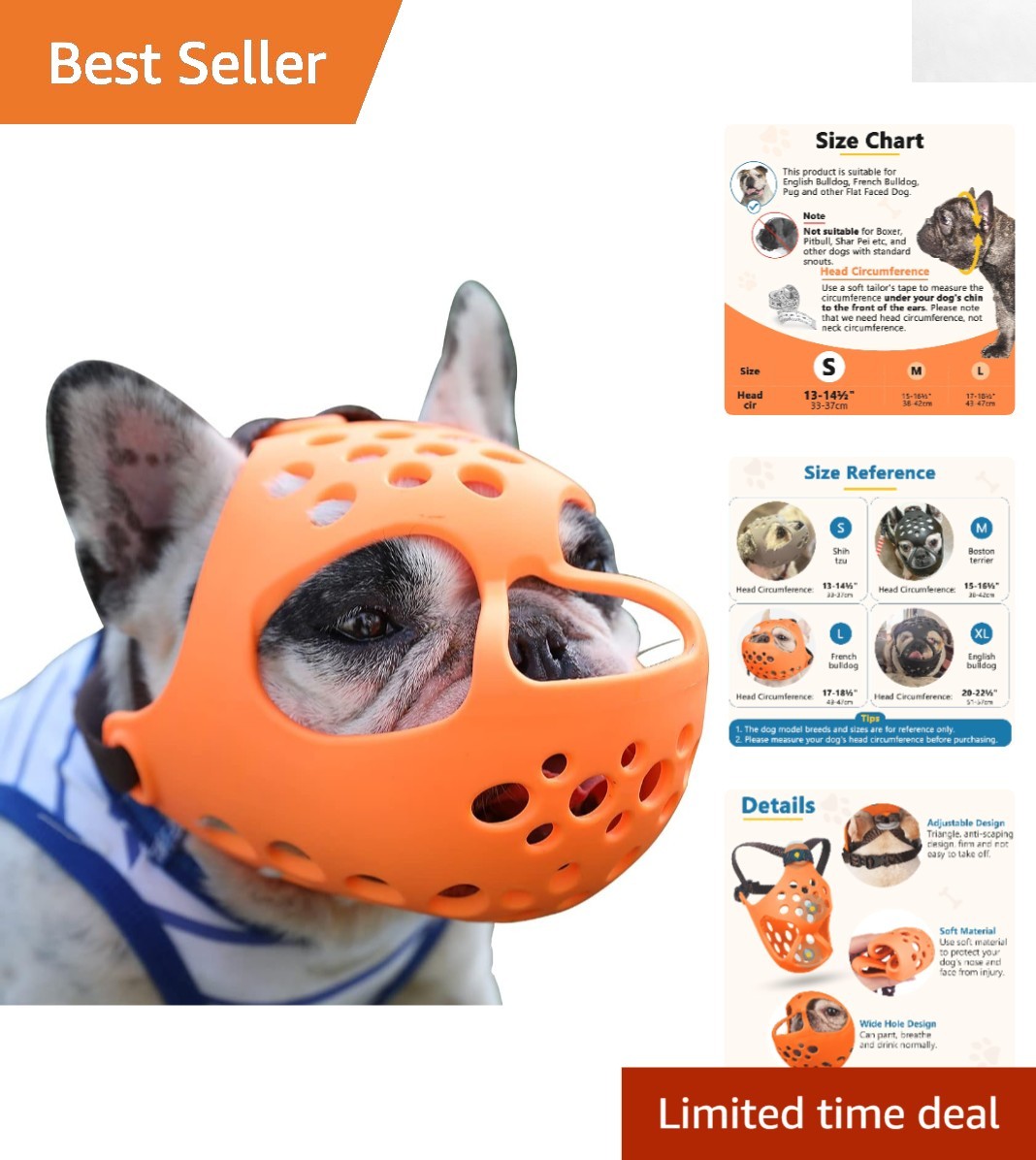 Orange Silicone Muzzle for Frenchies & Pugs – Safe, Breathable Design, Size S