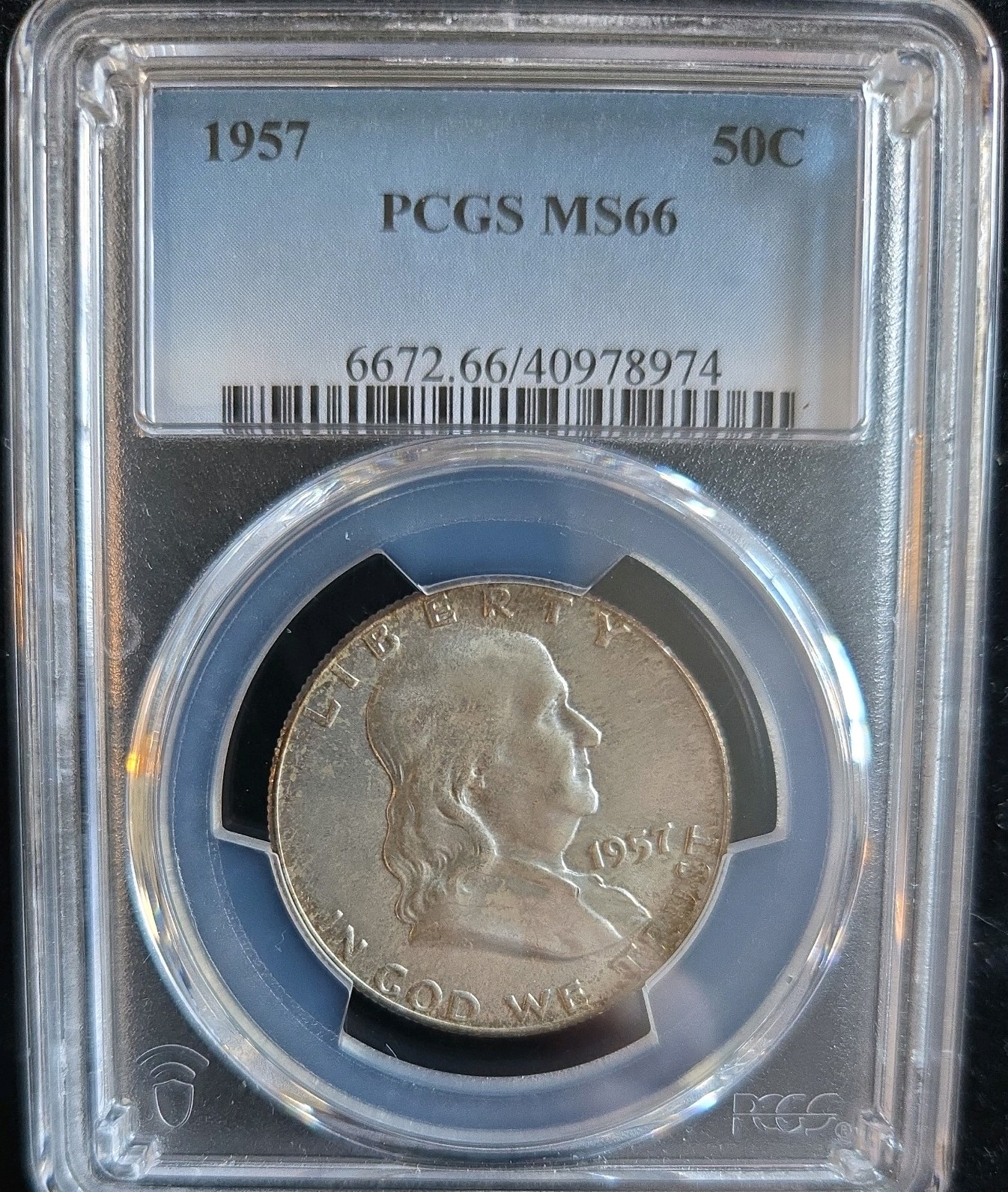 1957 Franklin Half Dollar Silver Coin PCGS Graded MS 66  Toned
