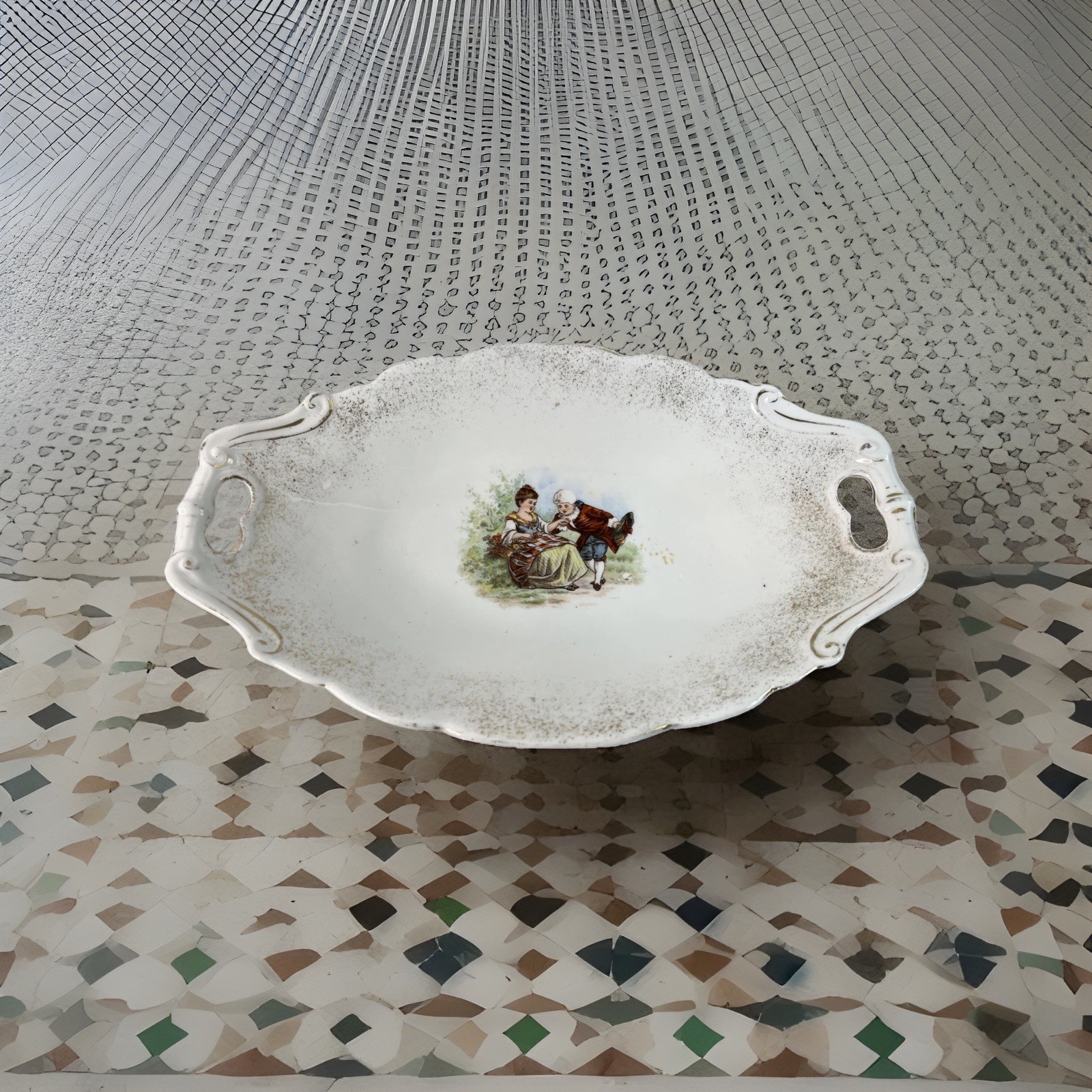 Vintage Porcelain unmarked Limoges Oval  Serving Dish Boy Kissing Girl