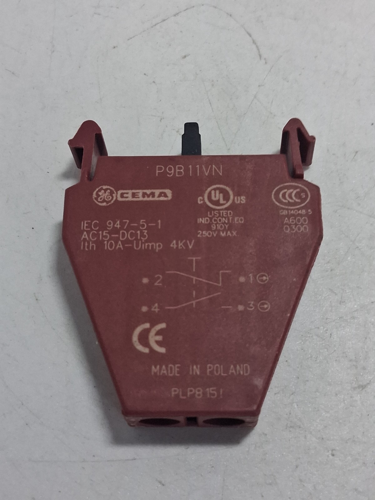 GENERAL ELECTRIC P9B11VN CONTACT BLOCK 1NO/1NC 10A 600VAC