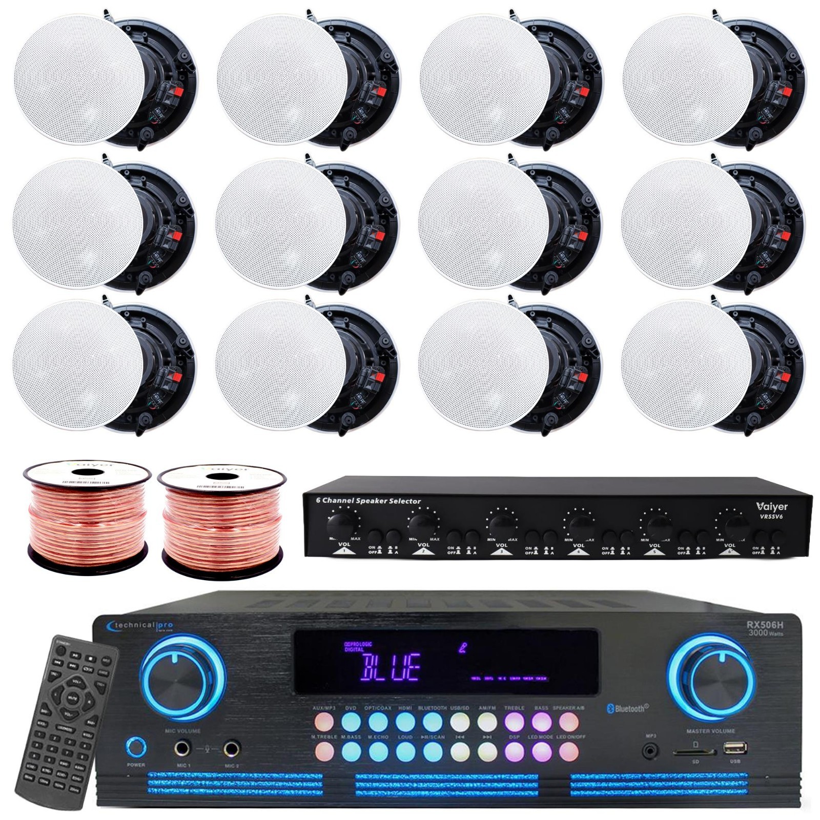 Vaiyer 2000W Audio Kit w/ 12 Frameless Ceiling Speakers, 6-Ch Selector & Wire