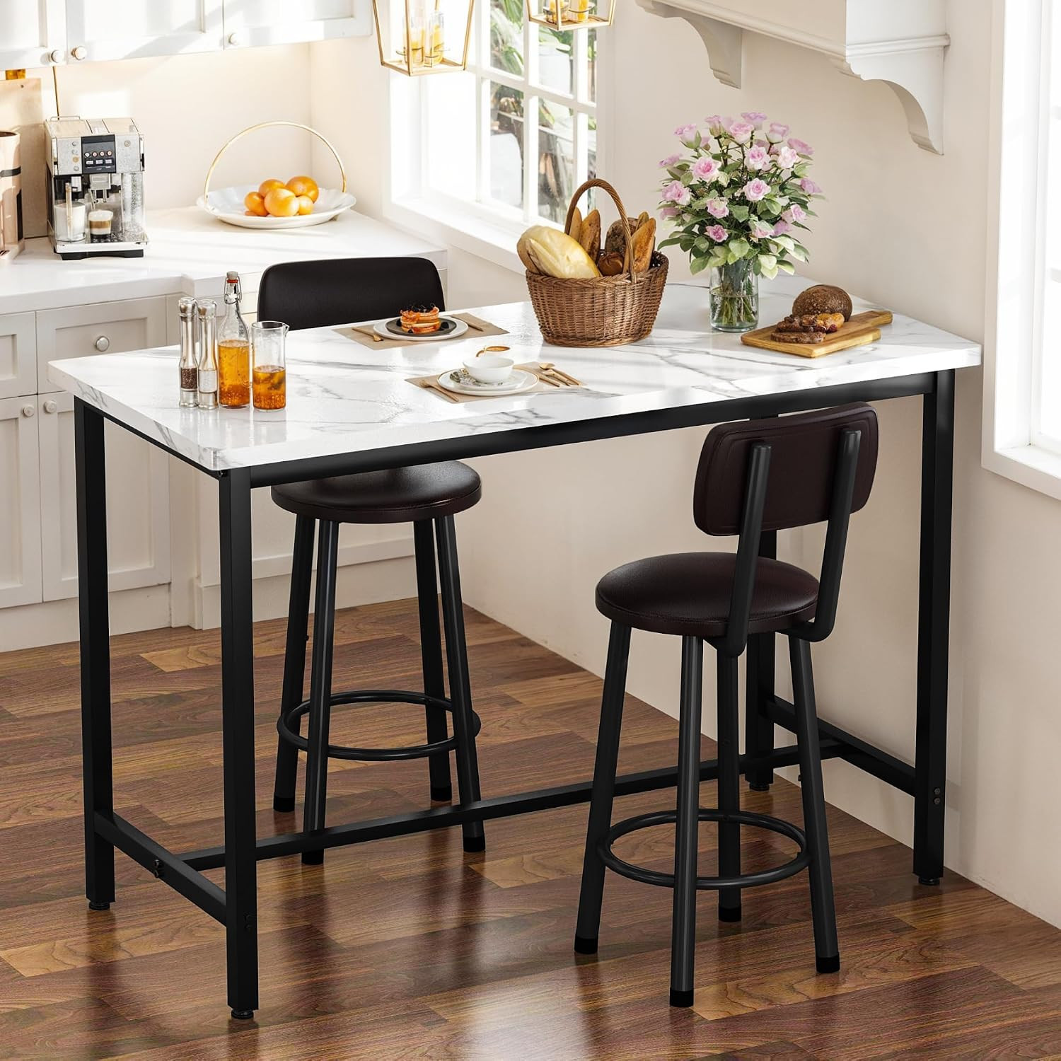 3 Piece Bar Table with Stools Set for 2, Modern Faux Marble High Top Small Dinin