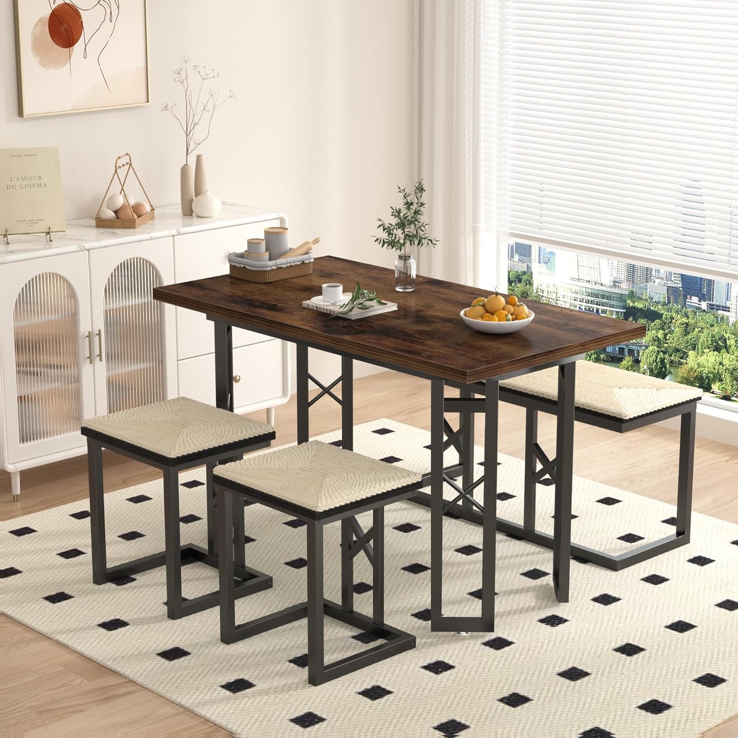 43.3" Kitchen & Dining Table Set 4 Rustic Farmhouse Style W/ 3 Benches & Wicker