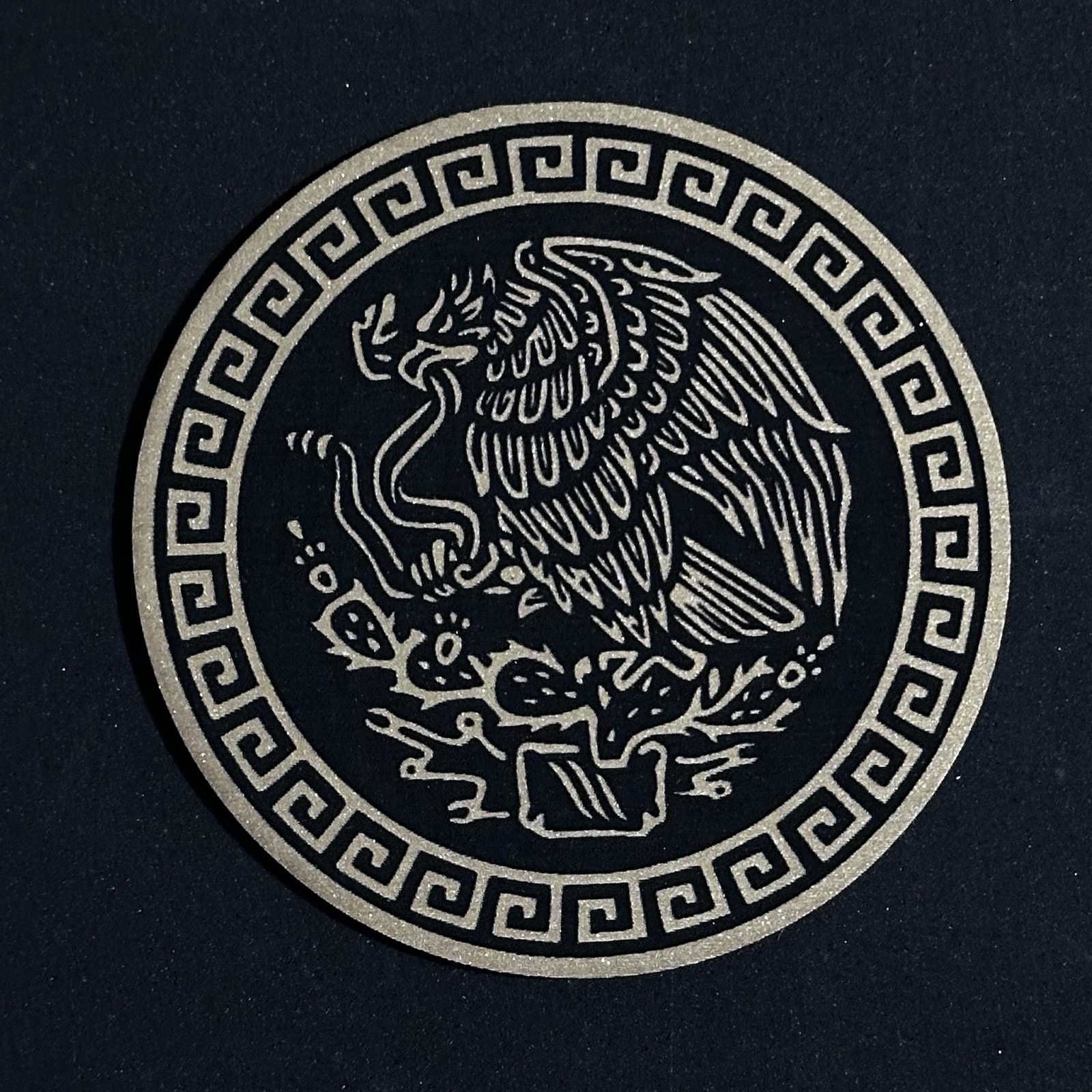 Escudo Mexicano  leatherette engraving iron on patch Gold And Black 2” Inches