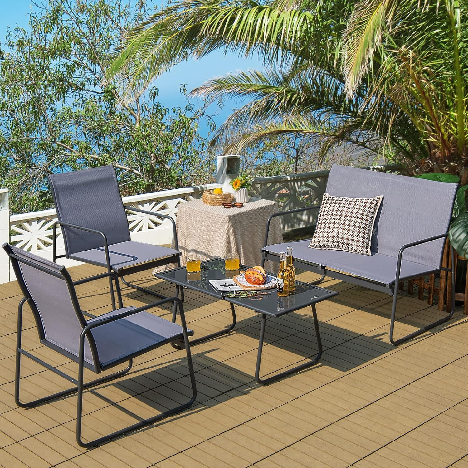 4 Pieces Patio Furniture Set, Outdoor Conversation Set with Tempered Glass Coffe