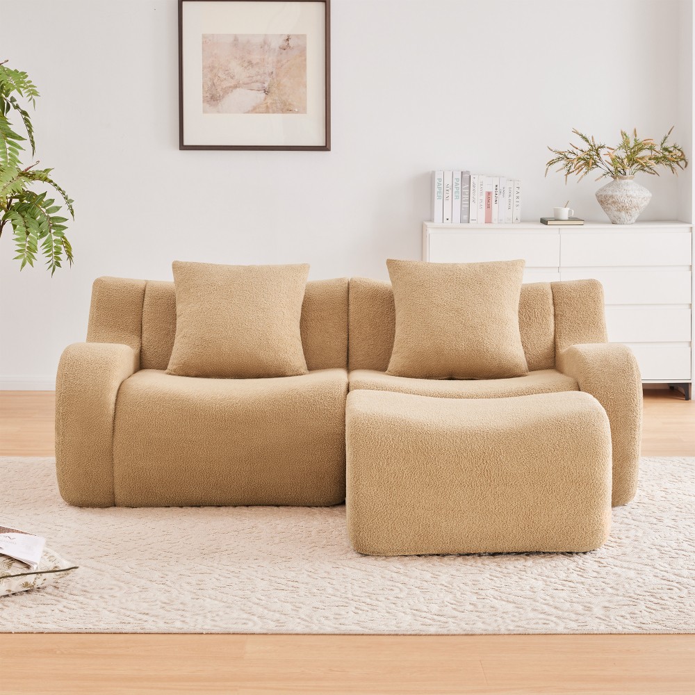 L-Shaped Teddy Fabric 2-Seat Sofa w/ Curved Armrests, No Assembly