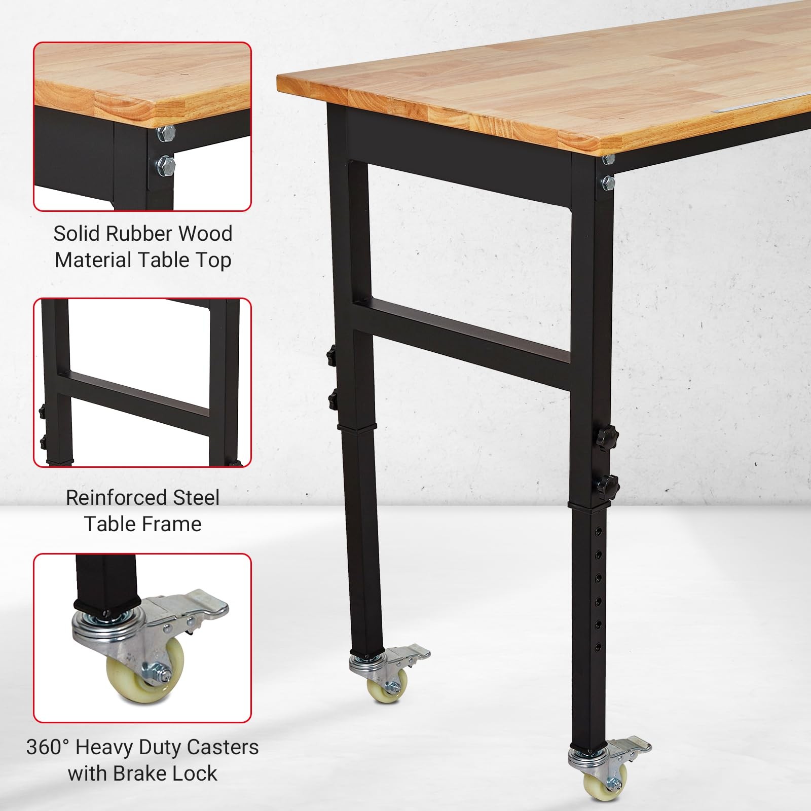 48x24 Inch Adjustable Workbench with Wheels ,2000 Lbs Wood Work Table for Garage