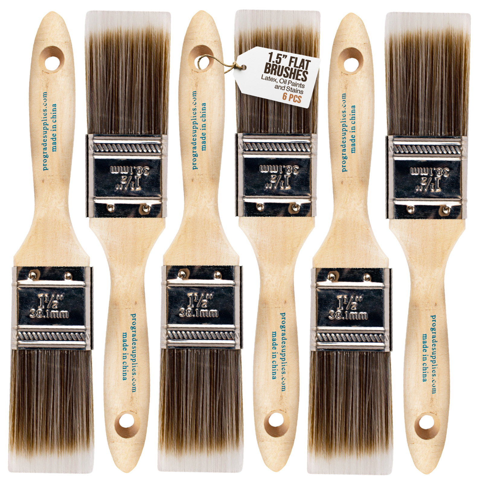 6PK 1.5" Flat House Wall,Trim Paint Brush Set Home Exterior or Interior Brushes