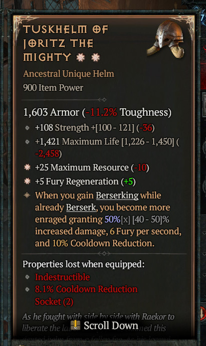 ☀️☀️DIABLO 4👞SEASONAL 14🔥TUSKHELM UNIQUE HELM🔥2GA-MAX RESOURCE+FURY REGEN