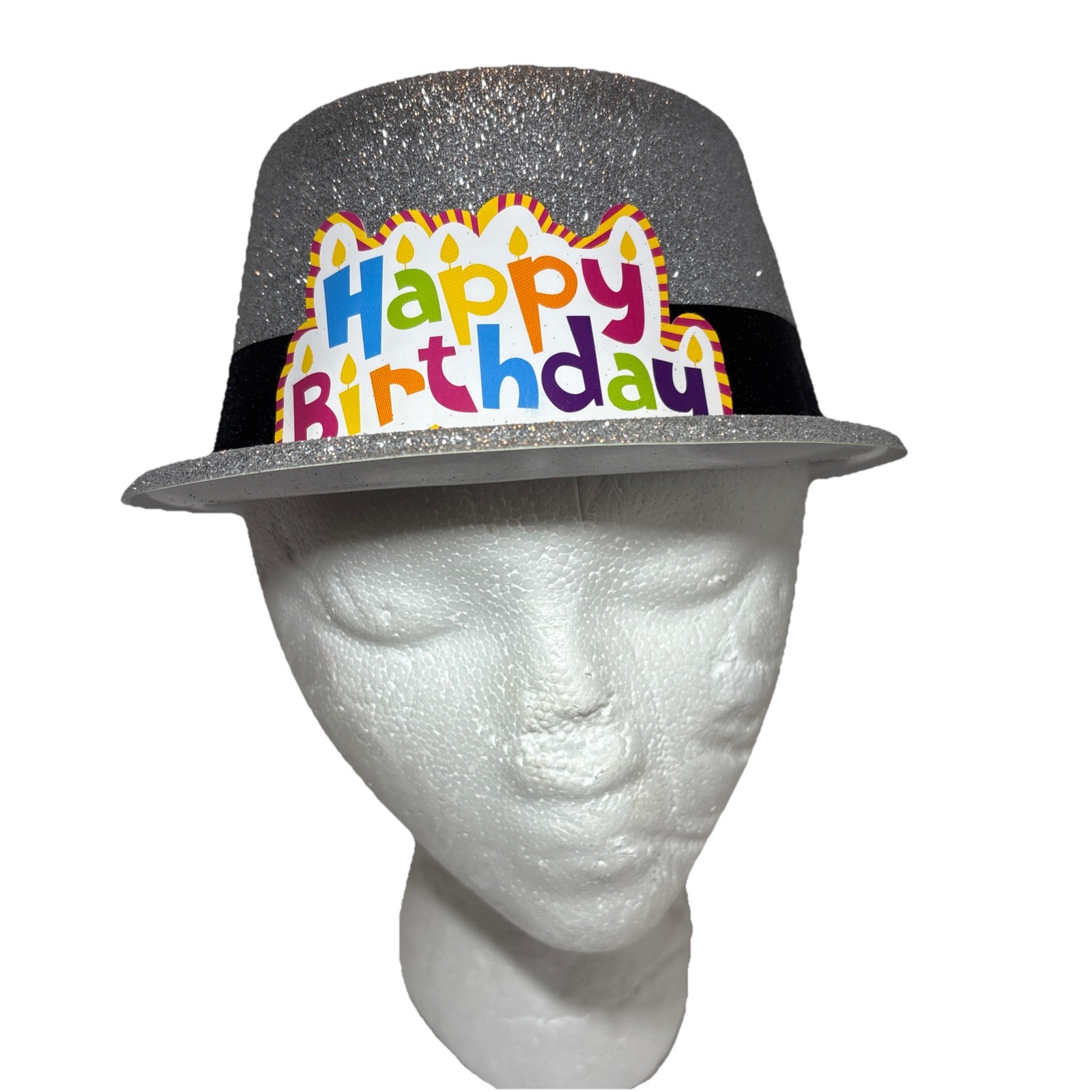 NEW Silver/Black Glitter Fedora, Plastic Party Hat—Happy Birthday Hat
