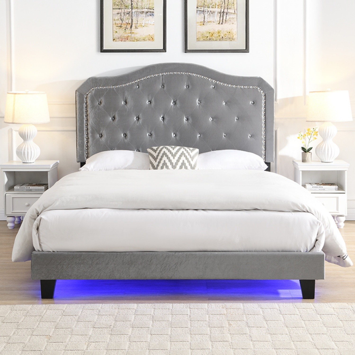Queen Size Bed Frame Upholstered Platform Bed with LED Lights Black/Light Gray