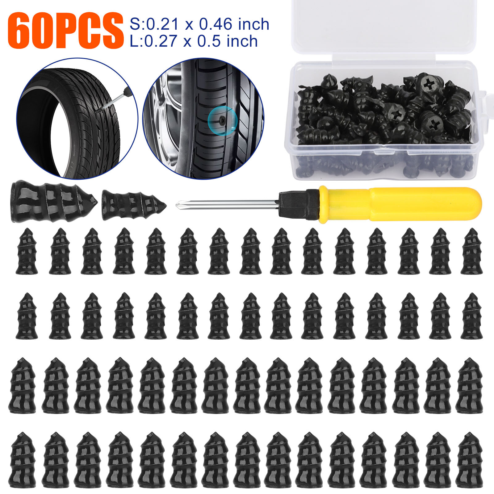 60PCS Car Vacuum Tire Repair Nail Rubber Screw Nails+ Screwdriver Tool Set w/Box