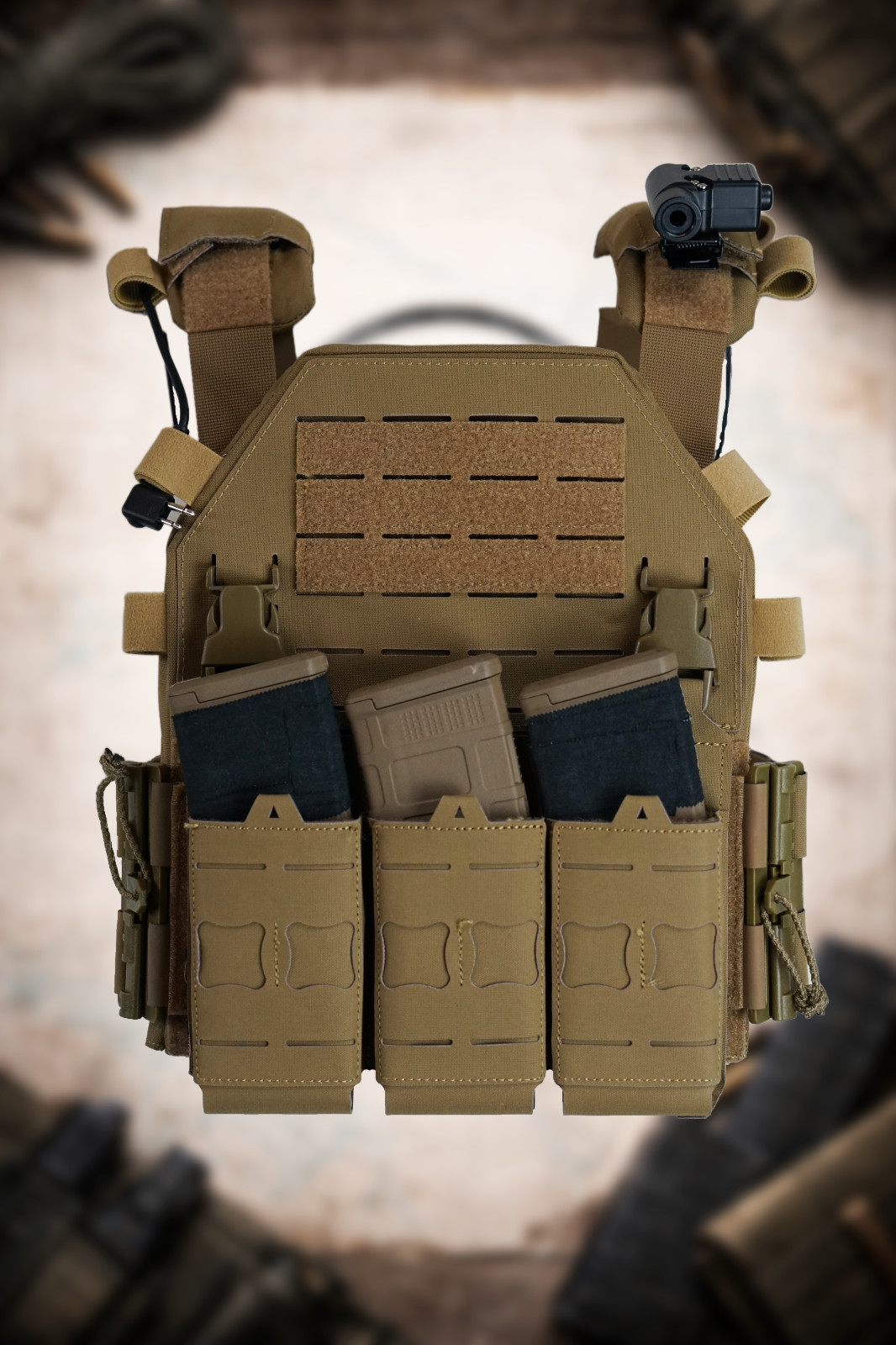 Tan Plate Carrier Vest w/ Triple Magazine Placard Quick Detach Backpack