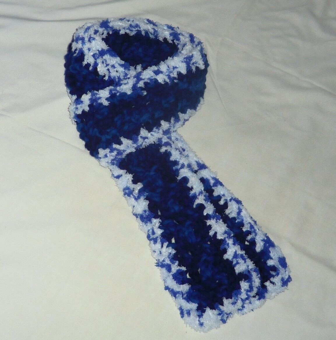 Blue 81x4.5" handmade crochet scarf with soft fluffy faux fur trim new  S74