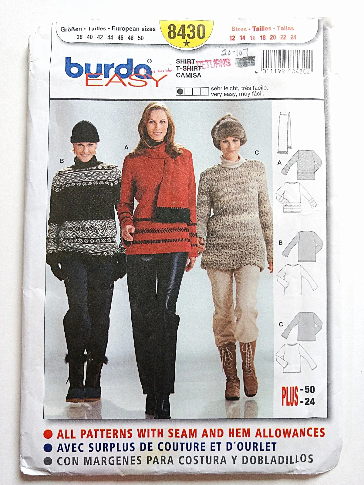 Sweater Sewing Pattern Tunic Jumper Scarf Plus Size 12-24 Burda 8430 UNCUT