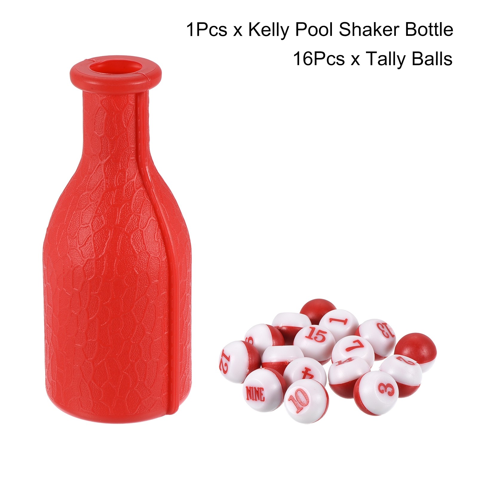 Billiard Kelly Pool Shaker Bottle with 16 Numbered Tally Balls Peas, Red